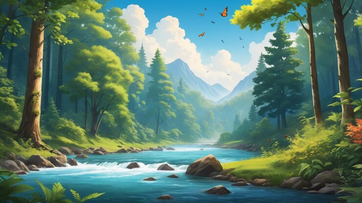 un fondo 2D vibrante para un cartel con una escena de bosque exuberante