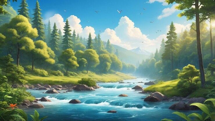 un fondo 2D vibrante para un cartel con una escena de bosque exuberante