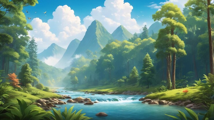 un fondo 2D vibrante para un cartel con una escena de bosque exuberante
