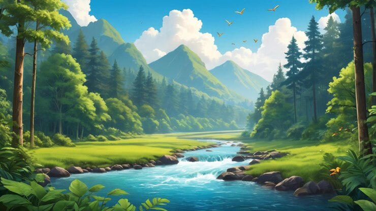 un fondo 2D vibrante para un cartel con una escena de bosque exuberante