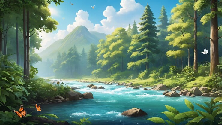 un fondo 2D vibrante para un cartel con una escena de bosque exuberante