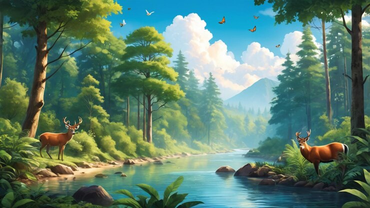 un fondo 2D vibrante para un cartel con una escena de bosque exuberante