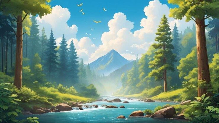 un fondo 2D vibrante para un cartel con una escena de bosque exuberante