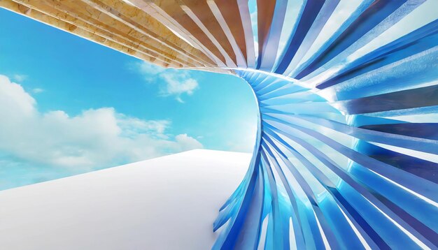 Fondo 3D abstracto con corredor en espiral retorcido y cielo