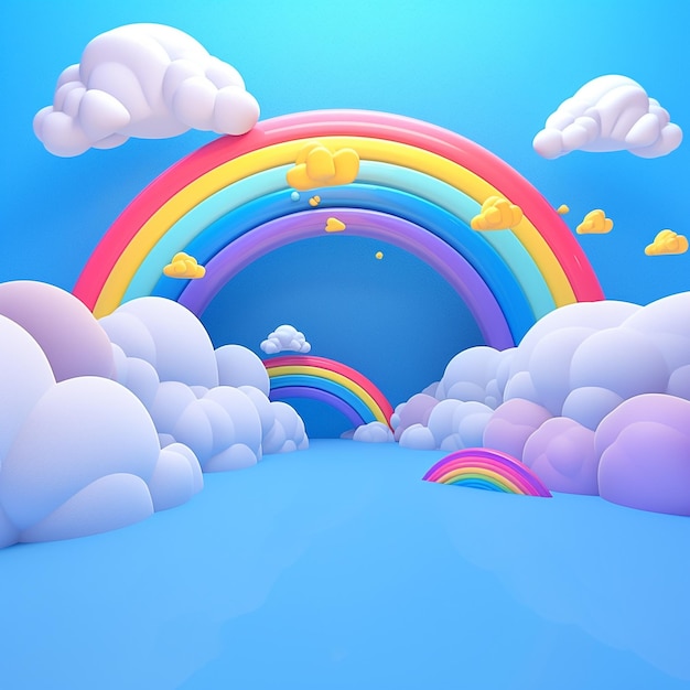 fondo 3d con un arco iris y nubes en azul en el estilo de sketchfab lindo y colorido