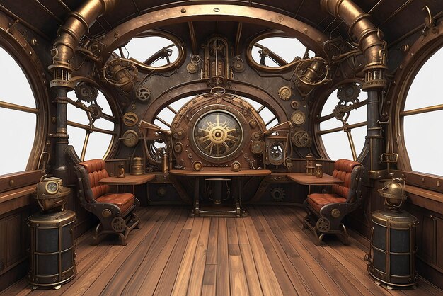 Foto el fondo en 3d de la cubierta del dirigible steampunk