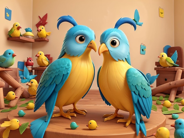 Fondo 3d de dos pájaros amarillo y azul.