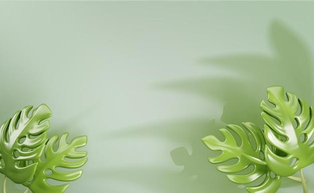 fondo 3d con hojas de monstera y sombra en pared verde claro render anuncio de verano tropical con hoja de planta exótica espacio vacío para spa producto de belleza y presentación de viajes