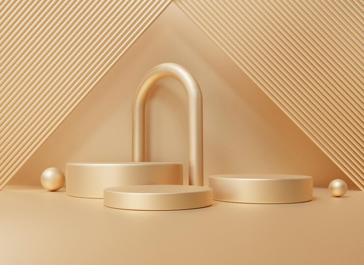 Fondo 3D de oro de lujo con formas geométricas de podio círculo pedestal vacío en tres pisos plataforma de pared curva para composición de presentación de productos soporte de cosméticos representación 3d