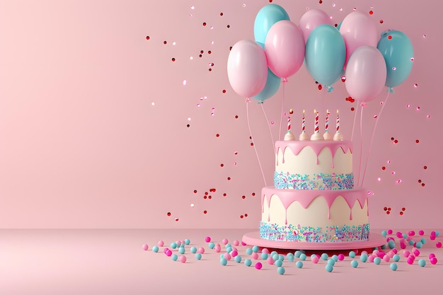 Fondo 3D con pastel de cumpleaños y globos Feliz