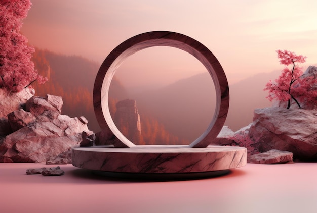 Foto fondo 3d, podio de pedestal de piedra sobre un telón de fondo natural de color rosa pastel, ia generativa