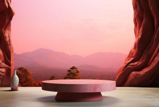 Foto fondo 3d, podio de pedestal de piedra sobre un telón de fondo natural de color rosa pastel, ia generativa