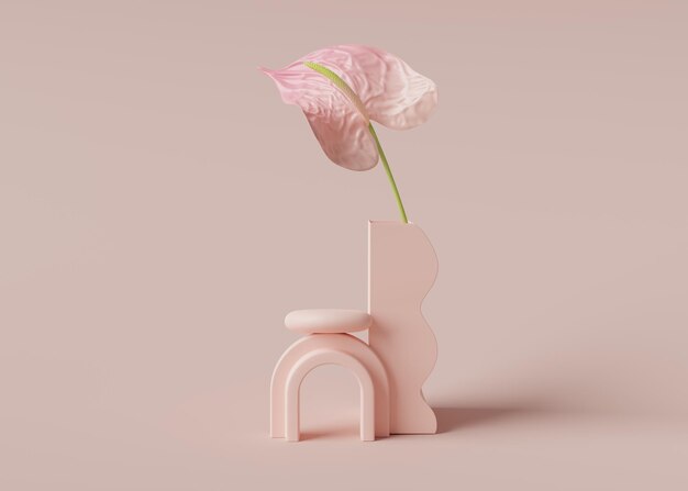 Fondo 3D podio verde Pantalla redonda Flor rosa con sombra Maqueta de producto cosmético