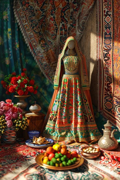 un fondo en 3D que muestra ropa y patrones de telas tradicionales de Nowruz