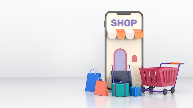 fondo 3d con venta móvil y cajas de regalos con carrito de compras y bolsas