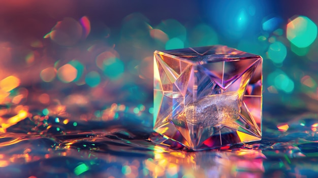 Fondo abstractamente colorido con un cubo de cristal geométrico brillante rodeado de vibrantes efectos de luz bokeh