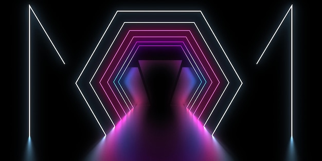 Fondo abstracto 3D con luces de neón construcción del espacio del túnel de neón ilustración 3D