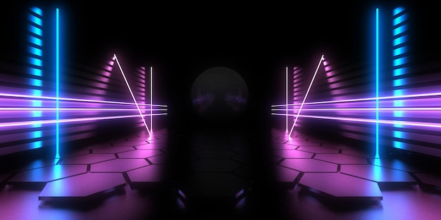 Fondo abstracto 3D con luces de neón construcción del espacio del túnel de neón ilustración 3D