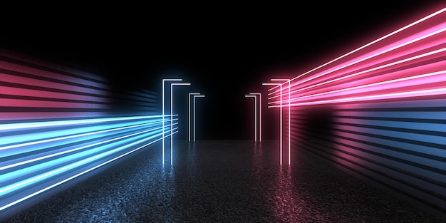 Fondo abstracto 3D con luces de neón construcción del espacio del túnel de neón ilustración 3D
