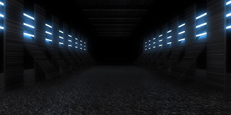 Fondo abstracto 3D con luces de neón construcción del espacio del túnel de neón ilustración 3D