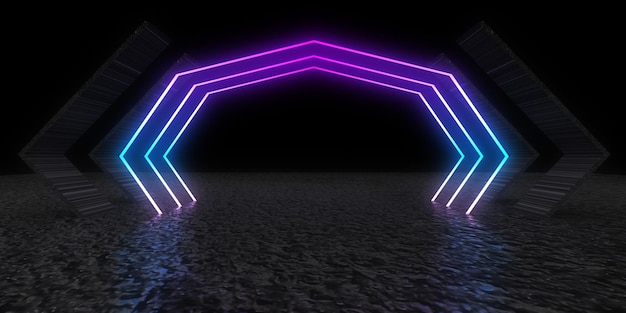 Fondo abstracto 3D con luces de neón construcción del espacio del túnel de neón ilustración 3D