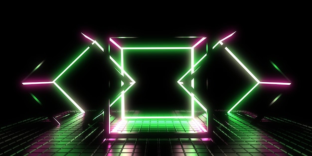 Fondo abstracto 3D con luces de neón cubos de neón construcción espacial ilustración 3d3