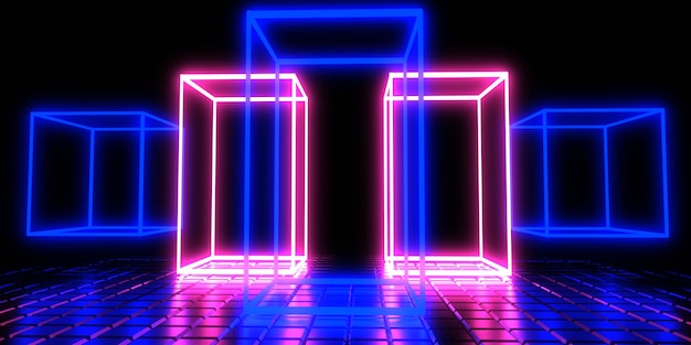 Fondo abstracto 3D con luces de neón cubos de neón construcción espacial ilustración 3d