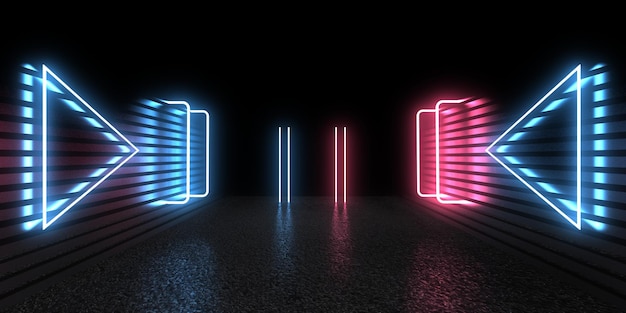 Fondo abstracto 3D con luces de neón cubos de neón construcción espacial ilustración 3d