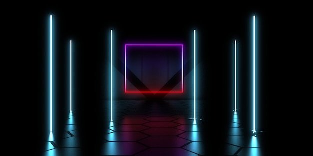 Fondo abstracto 3D con luces de neón. Ilustración 3d