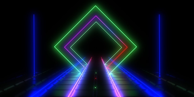 Fondo abstracto 3D con luces de neón. Ilustración 3d