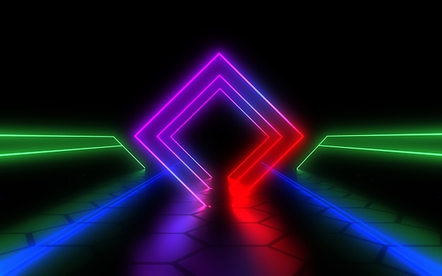 Fondo abstracto 3D con luces de neón. Ilustración 3d