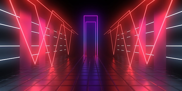 Fondo abstracto 3D con luces de neón. Ilustración 3d