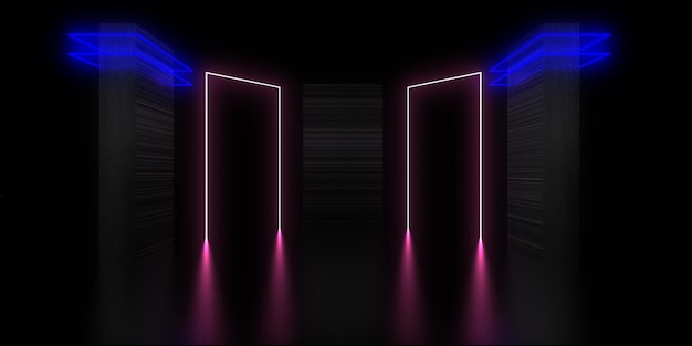 Fondo abstracto 3D con luces de neón. túnel de neón construcción espacial. .3d illustration3