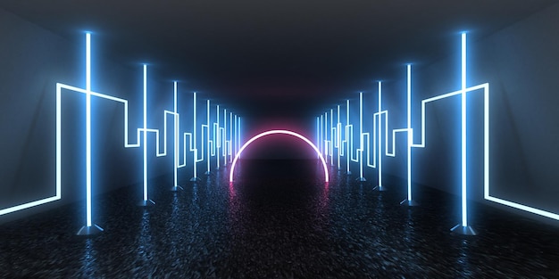 Fondo abstracto 3D con luces de neón. túnel de neón. construcción espacial. .3d ilustración3