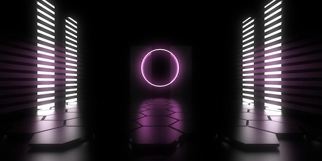 Foto fondo abstracto 3d con luces de neón. túnel de neón. construcción espacial. .3d ilustración3