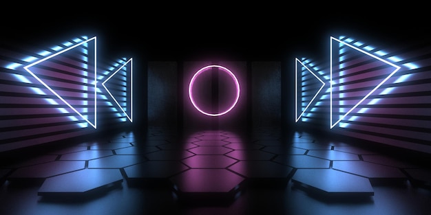 Fondo abstracto 3D con luces de neón. túnel de neón construcción espacial. .3d ilustración