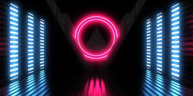 Fondo abstracto 3D con luces de neón. túnel de neón construcción espacial. .3d ilustración