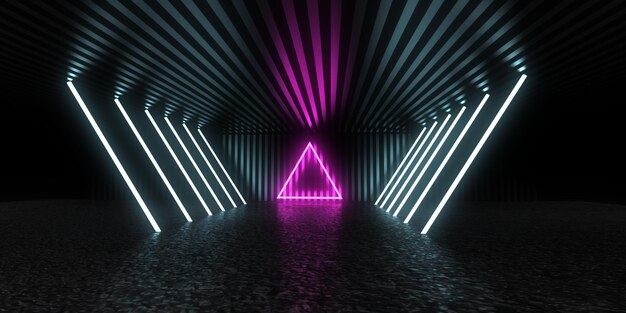 Fondo abstracto 3D con luces de neón. túnel de neón. construcción espacial. .3d ilustración