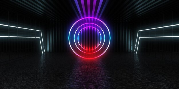 Fondo abstracto 3D con luces de neón. túnel de neón. construcción espacial. .3d ilustración