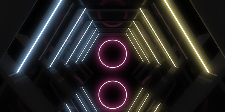 Fondo abstracto 3D con luces de neón. túnel de neón construcción espacial. .3d ilustración