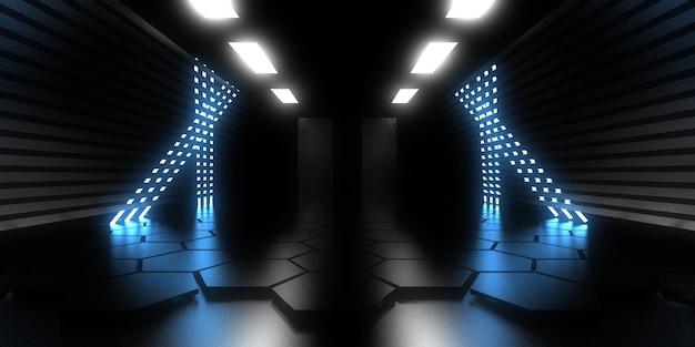 Fondo abstracto 3D con luces de neón túnel de neón construcción espacial ilustración 3d