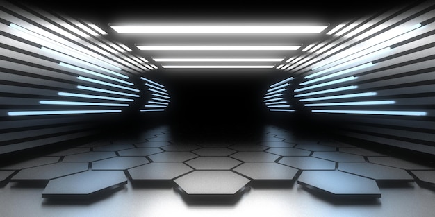 Fondo abstracto 3D con luces de neón túnel de neón construcción espacial ilustración 3d