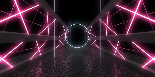 Fondo abstracto 3D con luces de neón túnel de neón construcción espacial ilustración 3d