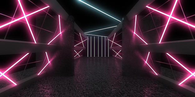 Fondo abstracto 3D con luces de neón túnel de neón construcción espacial ilustración 3d