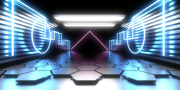 Fondo abstracto 3D con luces de neón túnel de neón construcción espacial ilustración 3d