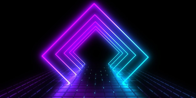 Fondo abstracto 3D con luces de neón túnel de neón construcción espacial ilustración 3d