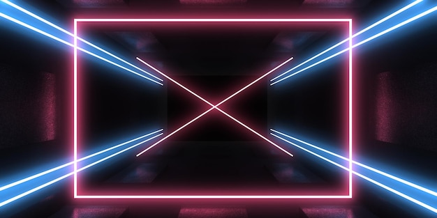 Fondo abstracto 3D con luces de neón túnel de neón construcción espacial ilustración 3d