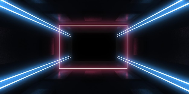 Fondo abstracto 3D con luces de neón túnel de neón construcción espacial ilustración 3d