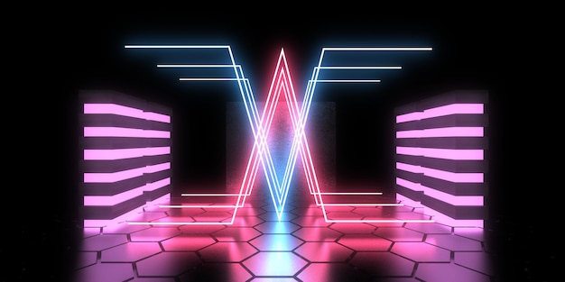 Fondo abstracto 3D con luces de neón túnel de neón construcción espacial ilustración 3d