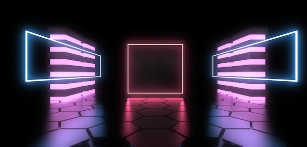 Fondo abstracto 3D con luces de neón túnel de neón construcción espacial ilustración 3d